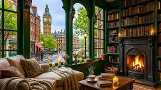 Peaceful Spring Coffee Shop 🌸 Soft Jazz Piano & Fireplace Sounds for Study & Work