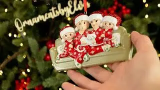 Ornaments by Elves: Personalized Pajamas Family of 5 on Coach with Cat Ornament OBE-OR1786-5