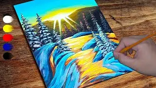 Acrylic winter forest sunrise painting / Winter forest sunrise with acrylics / daily challenge 46