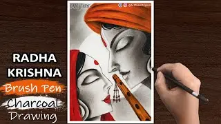 Radha Krishna Abstract Art, How to draw Lord Krishna & Goddess Radha using Charcoal and brush pen