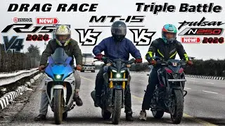 2026 Yamaha R15V4 VS 2026 Pulsar N250 VS MT-15.|| Drag Race.🔥|| Triple Battle ☠️|| Top Speed Race.&mdash;&middot;