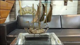 Brass Table Decor Showpiece Ship With Wooden Base  (MR172 A)