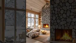 Cozy Nordic Cabin with River Stone Fireplace | Snowy Scandinavian Winter Retreat