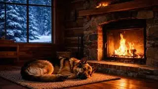 6 HOURS &bull; 4K Cozy Fireplace With Sleeping Dog &bull; Snowy Cabin Window &bull; Relaxing Piano Sleep Ambience