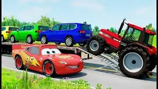 TRANSPORTING PIXAR CARS & FRUITS WITH COLORED & JOHN DEERE vs CLAAS vs TRACTORS - BeamNG.drive #983