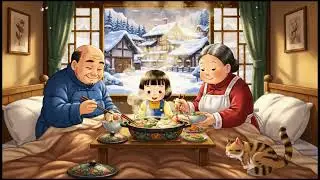 A peaceful winter at home, with relaxing cartoon style.