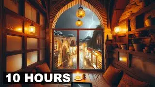 POV you're lounging in a Turkish bazaar's silk-lined nook during rain - steady rain Ambience