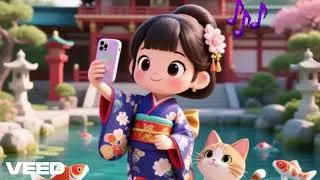 日式宮殿和服女孩子貓咪和錦鯉池純音樂