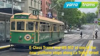 E-Class Tram and W8 957 at one of the new platform stops along La Trobe Street