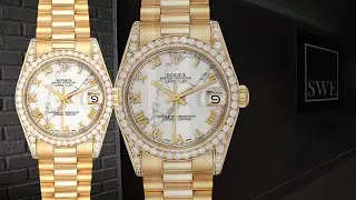 Rolex President Midsize Marble Dial Yellow Gold Diamond Ladies Watch 68158 | SwissWatchExpo