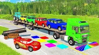 Flatbed Truck Mcqueen | Transportation with Truck - Pothole vs Car #7 - BeamNG.Drive