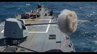 US NAVY DESTROYER FIRES MARK 45 GUN & CLOSE IN WEAPON SYSTEM