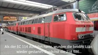 Umleiter-EC mit Motorstarts und rangieren:  Doppel-TB 11-Power am EC 114 (218 486 und 218 472)