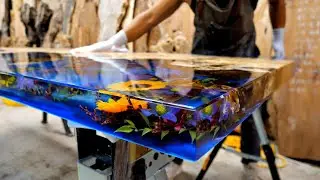 process of making a $20,000 table by blooming a dead tree. A Korean resin table craftsman.