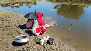 Single hook fishing video | Village women caught Catfish & common karp in River | #fishing  #videos