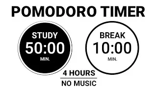 4-Hour Pomodoro Study Timer ⏰ • 50/10 Min Alarms, No Music | Deep Focus 📚