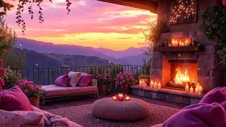 Pink Cozy Sunset Balcony Ambience 💕✨ Romantic Jazz Music by the Warm Fireplace to Stress Relief