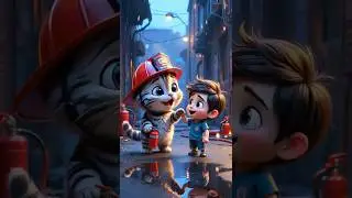 Firefighter Dream Comes True: Whiskers & Boy Douse Street Blaze! 🐱🚒👦 #shorts  #firefighter  #cat