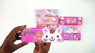 cute unicorn stationery collection 😚 geometry, doreamon, pencil box, sharpener, eraser, hello kitty