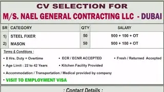 CV selection for Dubai// NAEL GENERAL CONTRACTING LLC. Dubai // Dubai company // ER NG India