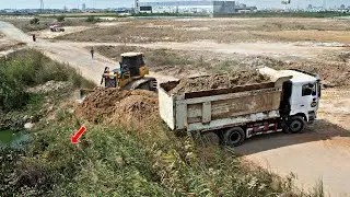 START! Powerful Road Building Process Dozer Pushing Soil Vs Dump Truck Dumping Soil