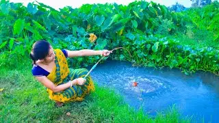 Fishing Video || The Cute Girl Spends the Whole Day Fishing from the Field Canal || Hook Fishing