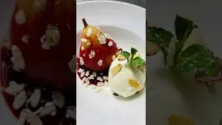 Poached Pears with Berry sauce, Crispy ,,mixed nuts and vanilla ice cream 😜👌... #short #dessert