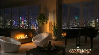 Cozy Rainy Ambience & Fireplace crackling | 90's Lofi playlist to Relax, Study & Sleep