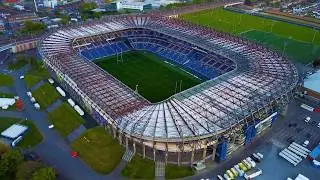 Murrayfield Stadium, Edinburgh. 4K UHD aerial view 360 degree pana-round.