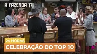 Com bolo, cantoria e discursos, pe&otilde;es comemoram chegada ao top 10 | A Fazenda 17