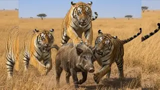 boer sore Hunted by Four Hungry Tigers Across the Grasslands