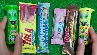 Most Asmr popular candys some lots of colorful rainbow lollipop candy unpacking chocolate eat