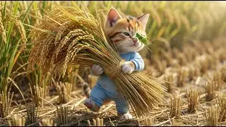 Kittens Help Grandma Harvest Rice! 🌾🐱 A Day in the Countryside #kitten #mamacat #cat