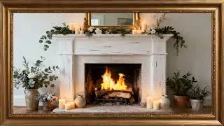 Minimal Fireplace Design & Candles. Gold framed Vintage art screensaver. 4k TV Painting background