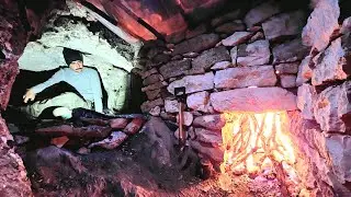 Spending a Winter Night Inside a Mountain Cave | Stone Bed, Wall & Fireplace 🔥❄️