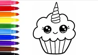 How to draw Unicorn Cupcake 🧁 | Unicorn Cupcake Drawing, Painting and Coloring for kids | Child art 