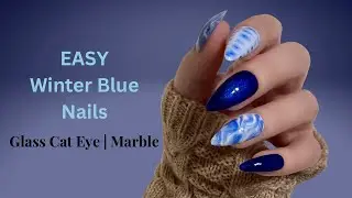 Easy Winter Blue Nail Set | Glass Cat Eye Nails | Marble Nails