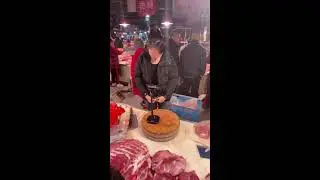 Raw Market Footage | Pork Cutting at Busy Chinese Meat Stall | Ambient Sounds