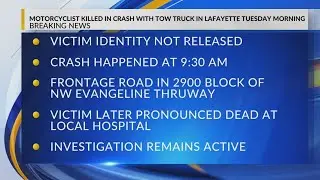 Motorcyclist killed in crash with tow truck in Lafayette