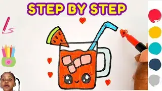 How to Draw a Cute Glass of Watermelon Juice 🍉 | Easy Step-by-Step Drawing for Kids