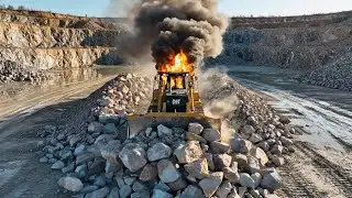 Caterpillar D11T Bulldozer Pushing Massive Rocks Through Fire | Extreme Quarry Power (4K)