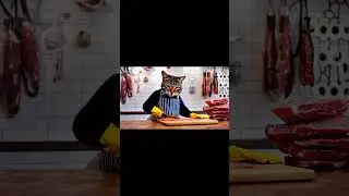 The cat is working hard like a butcher, making sure every piece is perfect! 🐱🥓