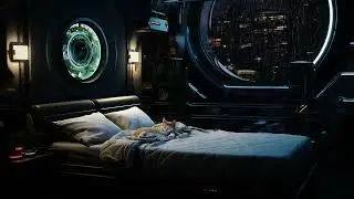 Spaceship bedroom from Rainy Exoplanet Atmosphere. Sci-Fi Ambiance for Sleep, Study, Relaxation