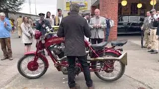 The Flying Millyard motorcycle being fired up at the 2021 Goodwood Revival.