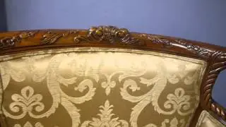 Two Large Reproduction Antique Carved Mahogany Gold Fabric Armchairs