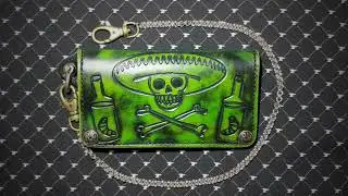 Tequila Skull Long Biker Leather Chain Wallet - Verde