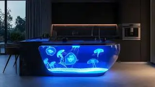 Modern Kitchen Island with Jellyfish Tank | Unique & Mesmerizing Kitchen Design with Glowing Lights