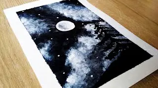 Clouds & Full Moon | cotton technique for beginners | acrylic painting