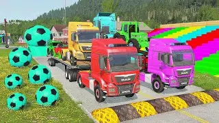 Flatbed Trailer McQueen Transportation with Truck - Speedbumps vs Cars vs Train - BeamNG.Drive #