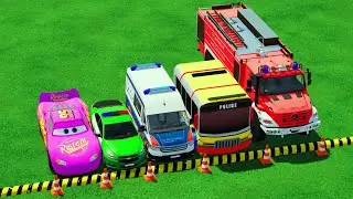TRANSPORTING VEHICLES FS22 || MCQUEEN, DACIA POLICE CAR, AMBULANCE, BUS,FIRE TRUCK FARMING SIMULATOR